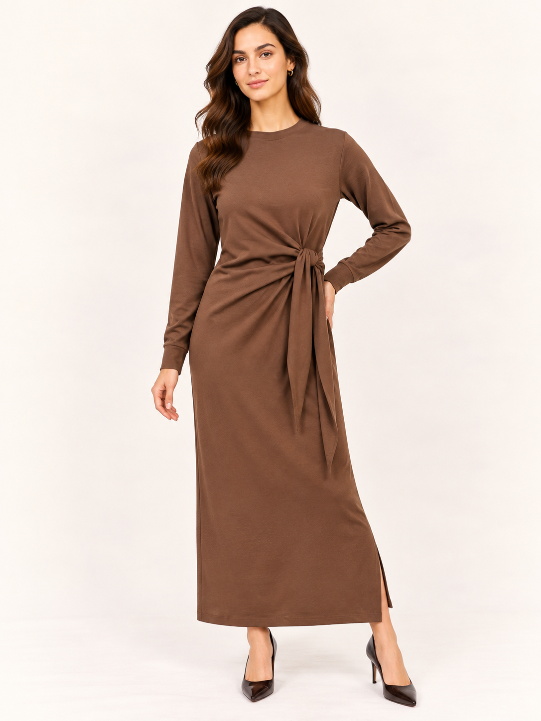 Chocolate Brown Side-Knot Long Sleeve Maxi Dress