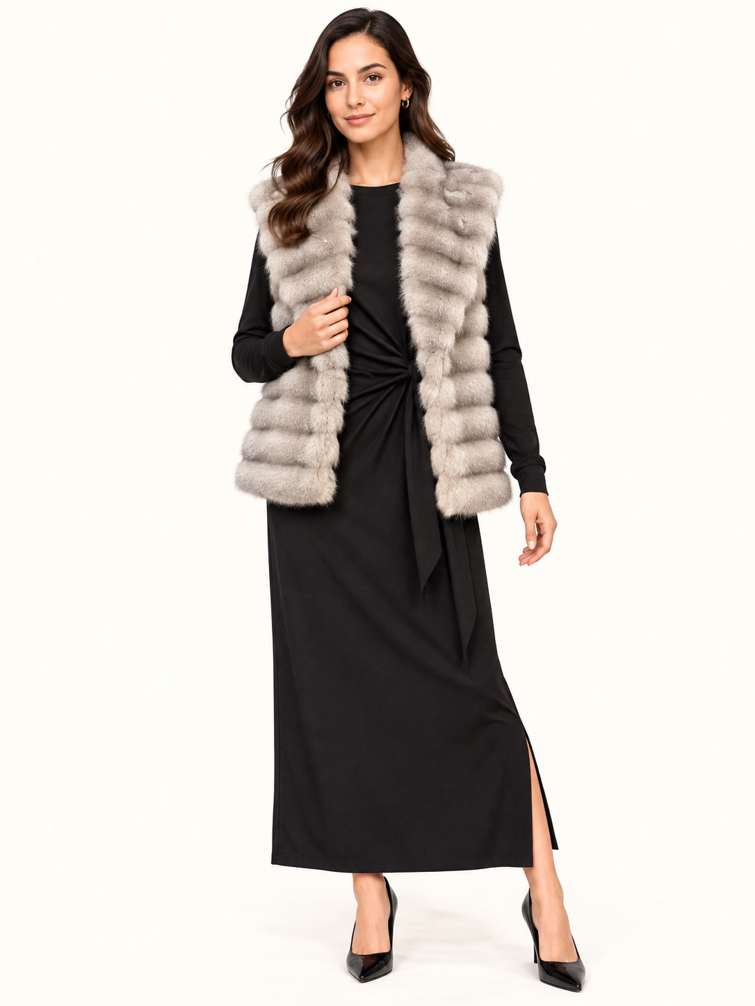 Grey Faux Fur Vest With Wide Collar - Women's Luxury Gilet