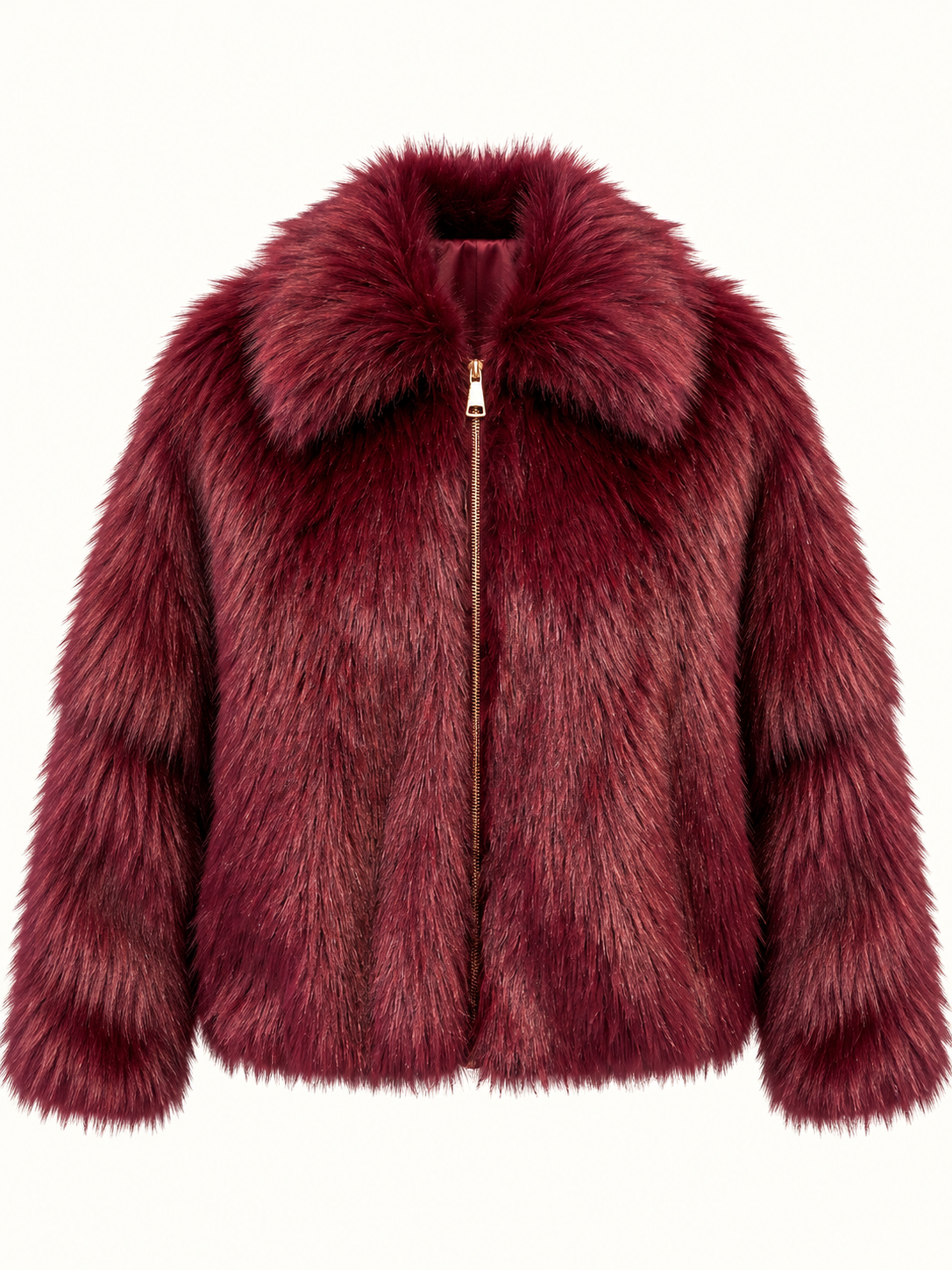 Women's Relaxed Fit Burgundy Faux Fur Jacket With Zip & Statement Collar