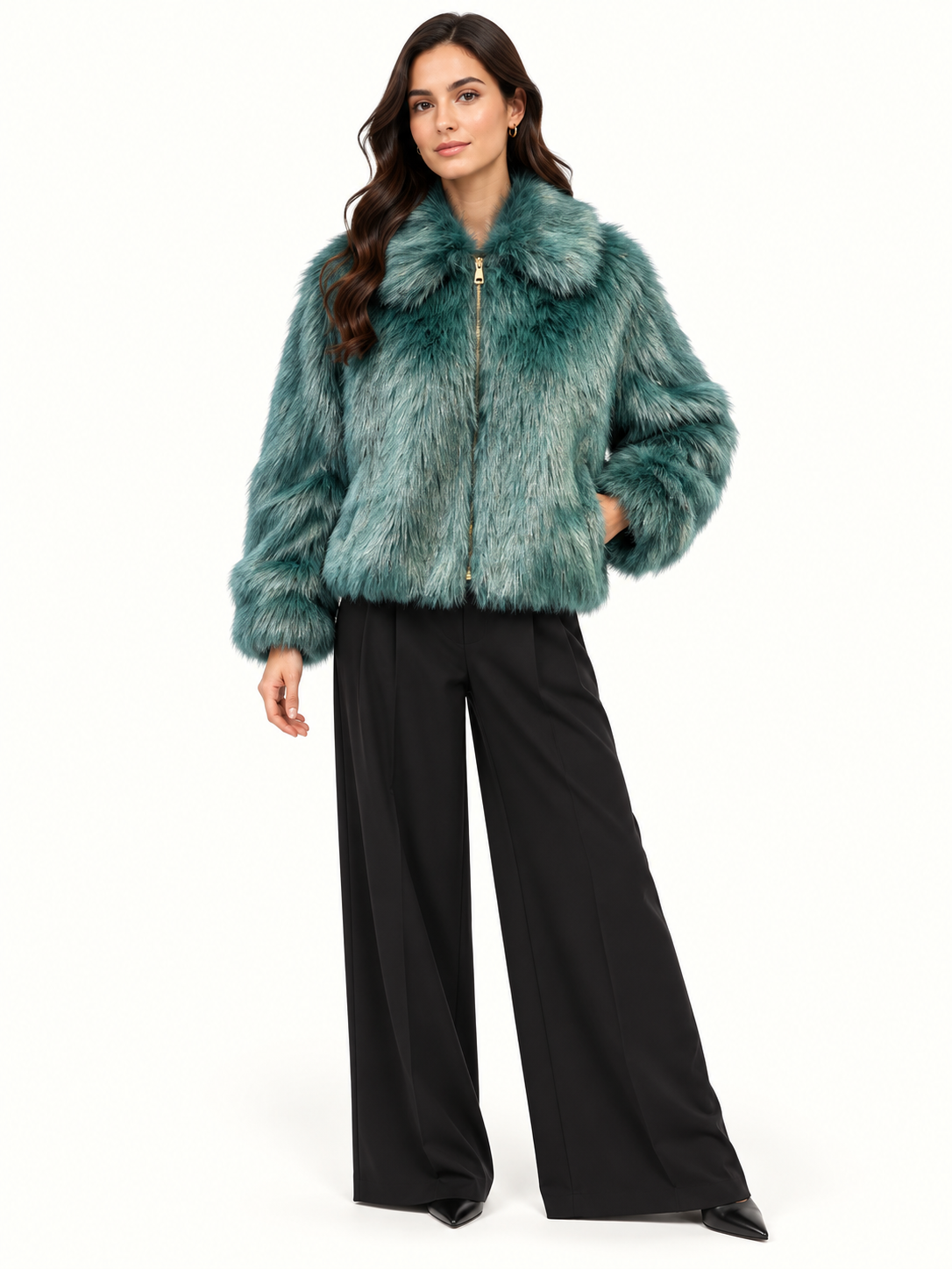 Women's Relaxed Fit Emerald Green Faux Fur Jacket With Zip & Statement Collar