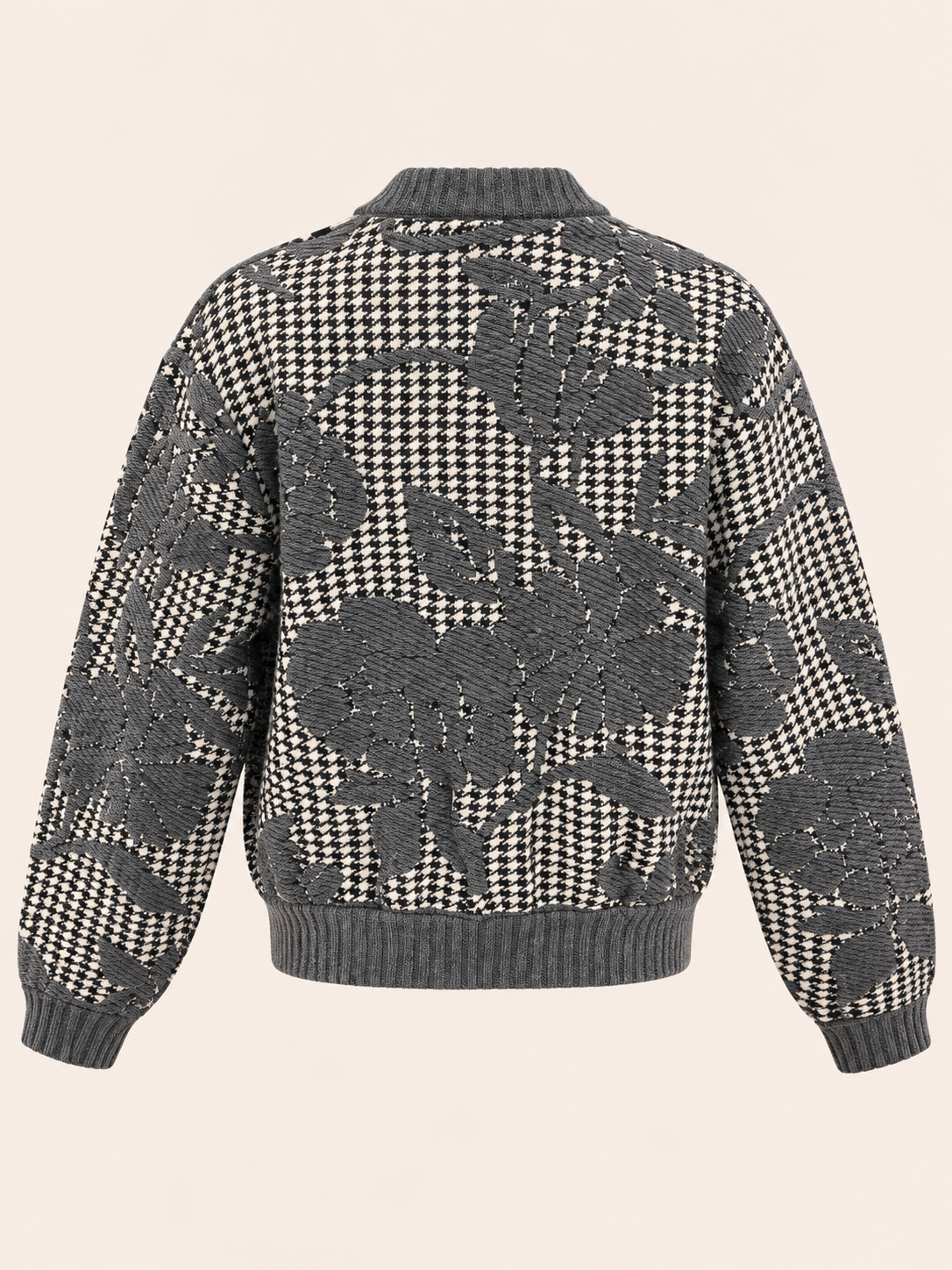 Relaxed Fit Grey Houndstooth Floral Jacquard Zip-Up Jacket - Zip-Up Cardigan