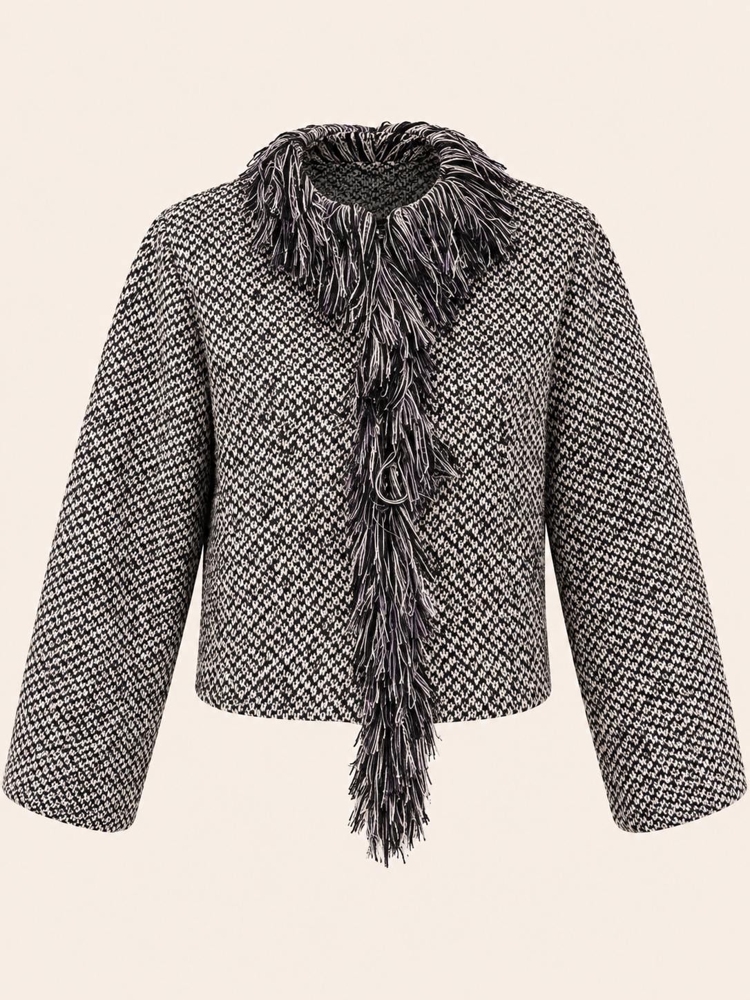 Black & Cream Textured Fringe Tweed Jacket