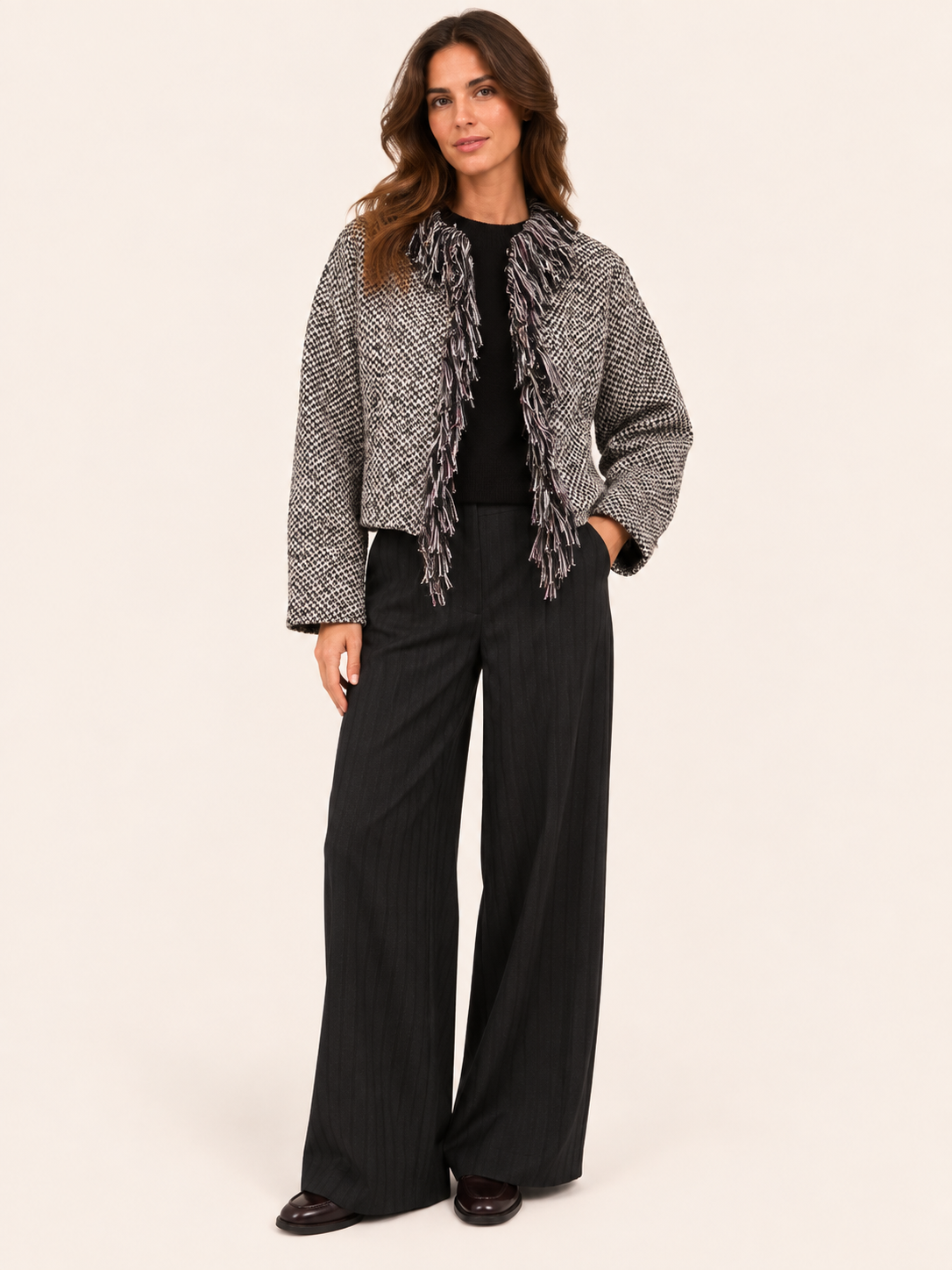 Black & Cream Textured Fringe Tweed Jacket