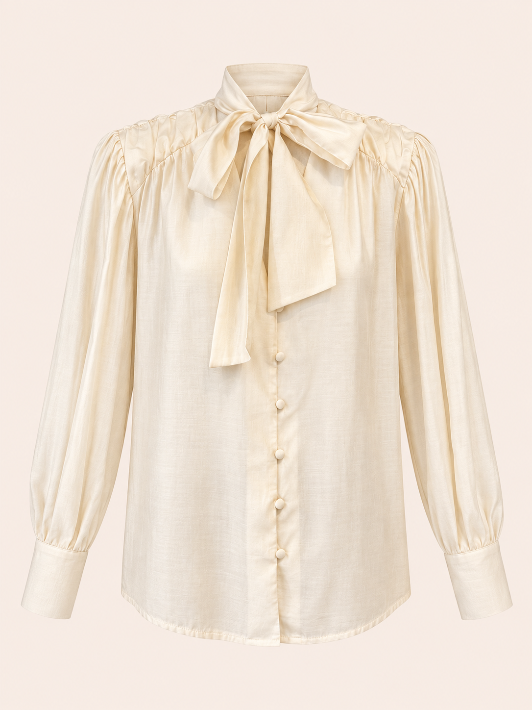 Ivory Bow Neck Blouse With Long Sleeves