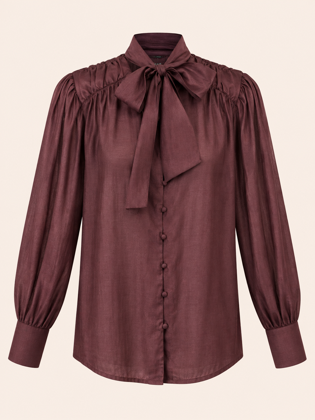 Burgundy Brown Bow Neck Blouse With Long Sleeves