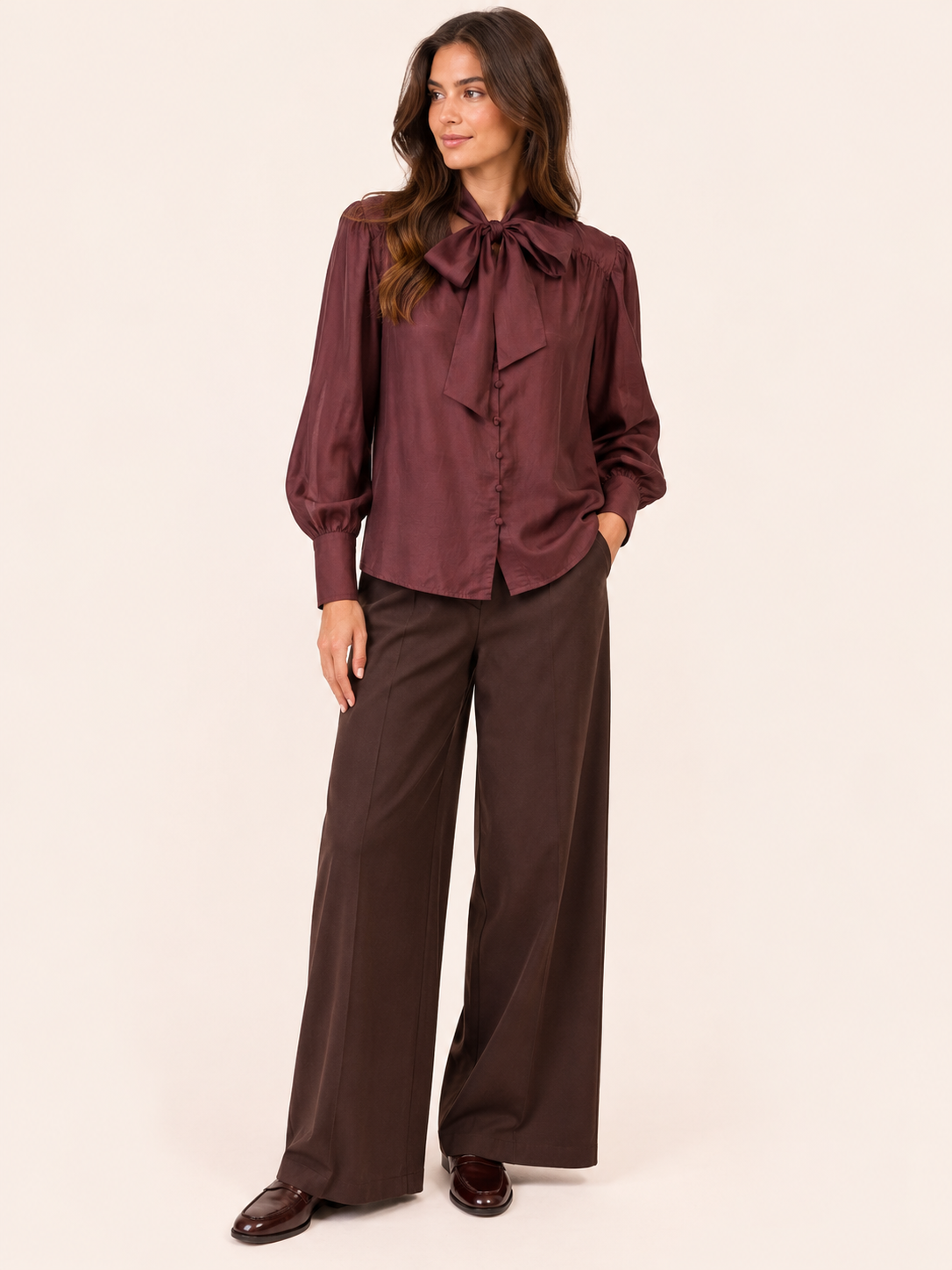 Burgundy Brown Bow Neck Blouse With Long Sleeves