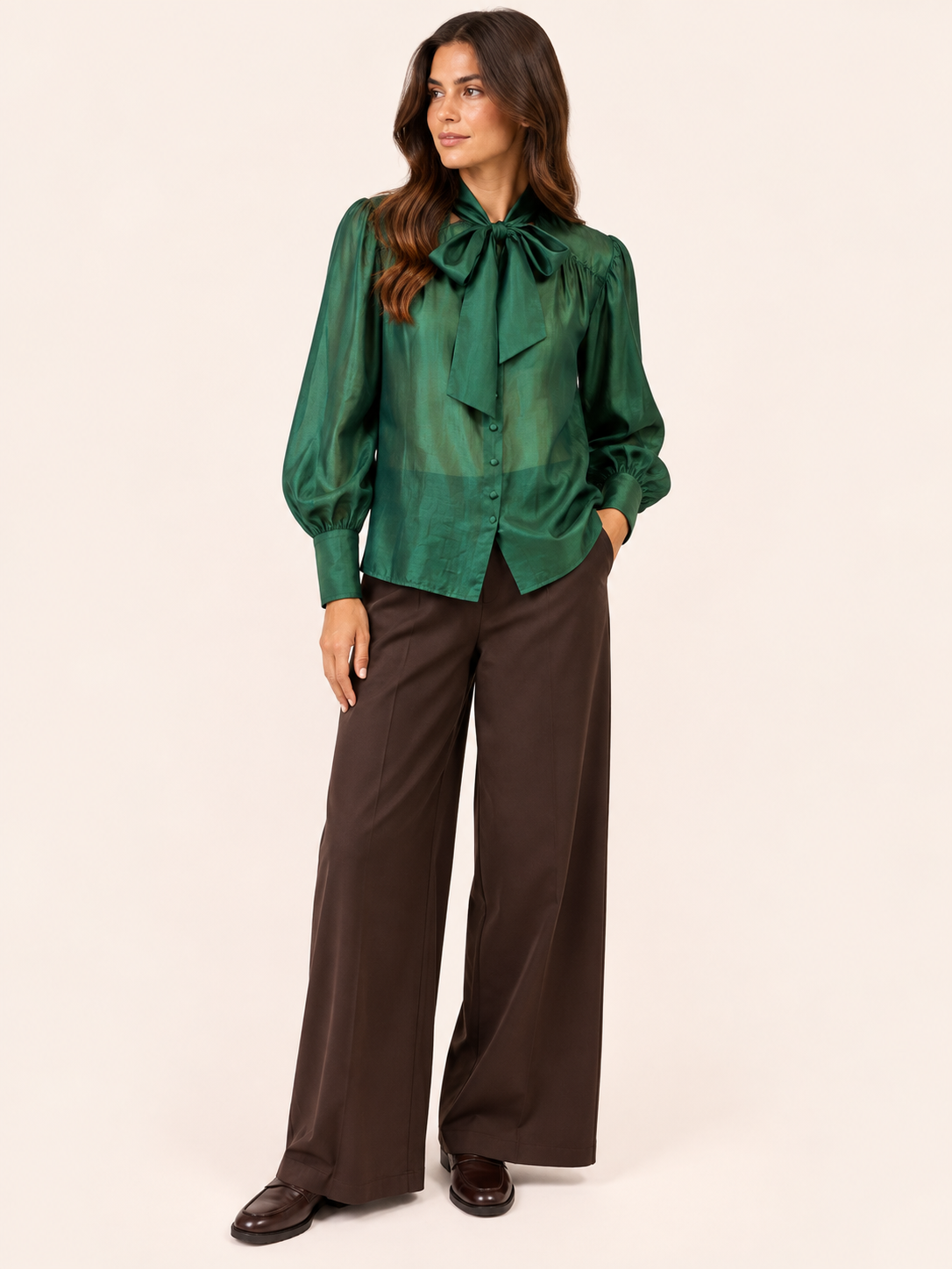 Green Bow Neck Blouse With Long Sleeves