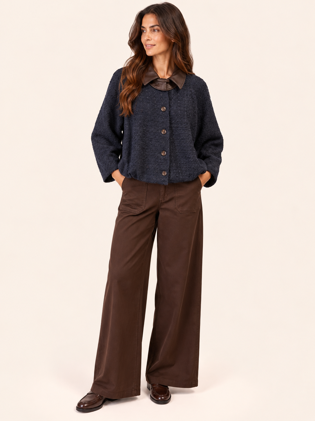Relaxed Fit Navy Textured Jacket With Brown Faux Leather Collar
