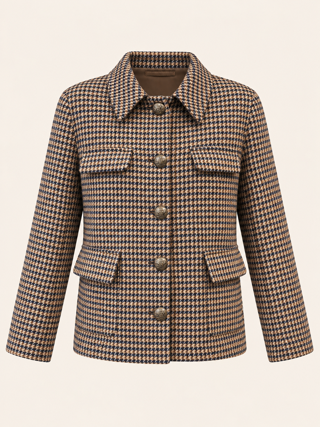 Women's Camel, Navy & Olive Green Houndstooth Jacket With Metal Buttons