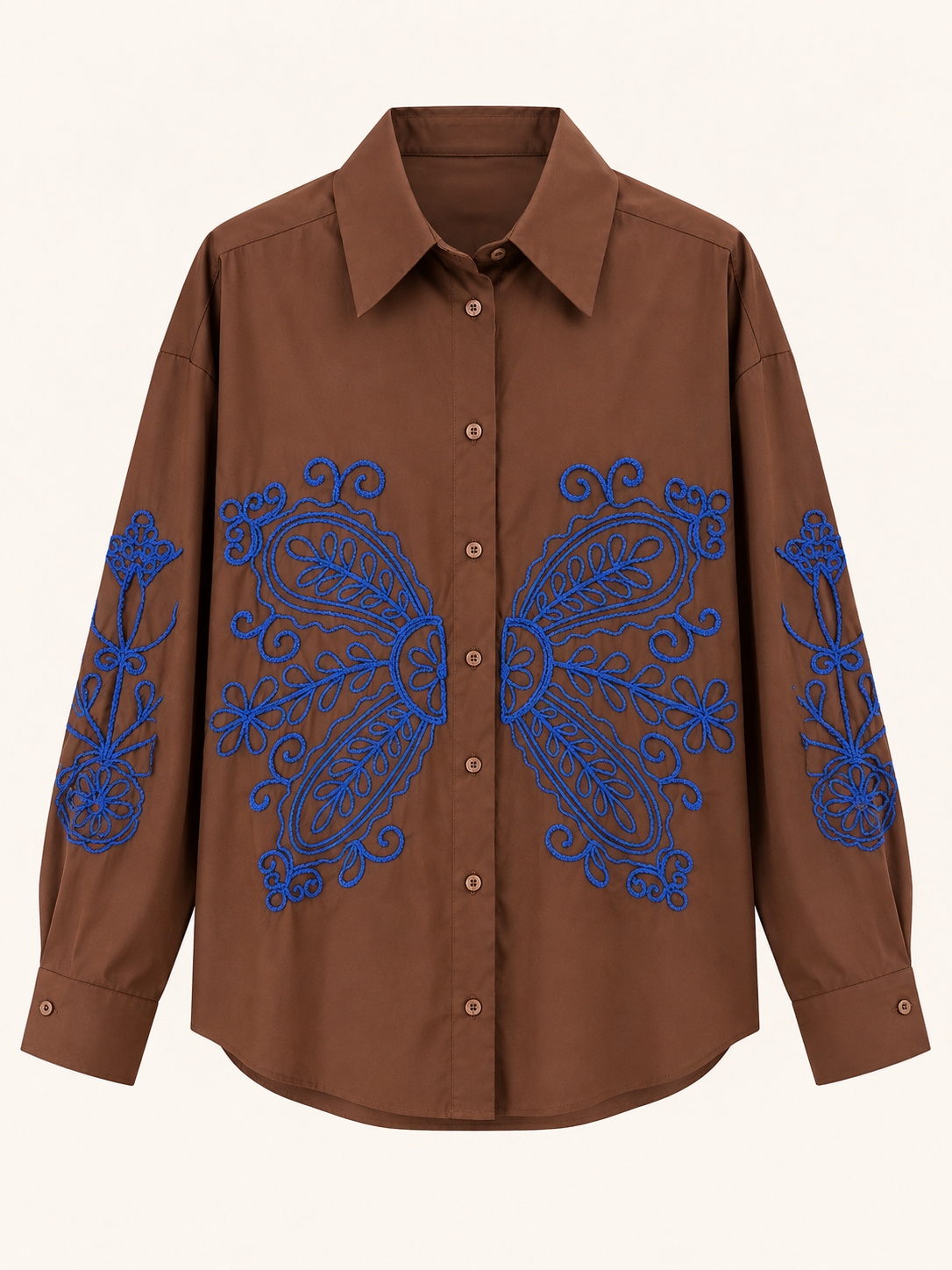 Brown Embroidered Oversized Shirt - Blue Floral Detail