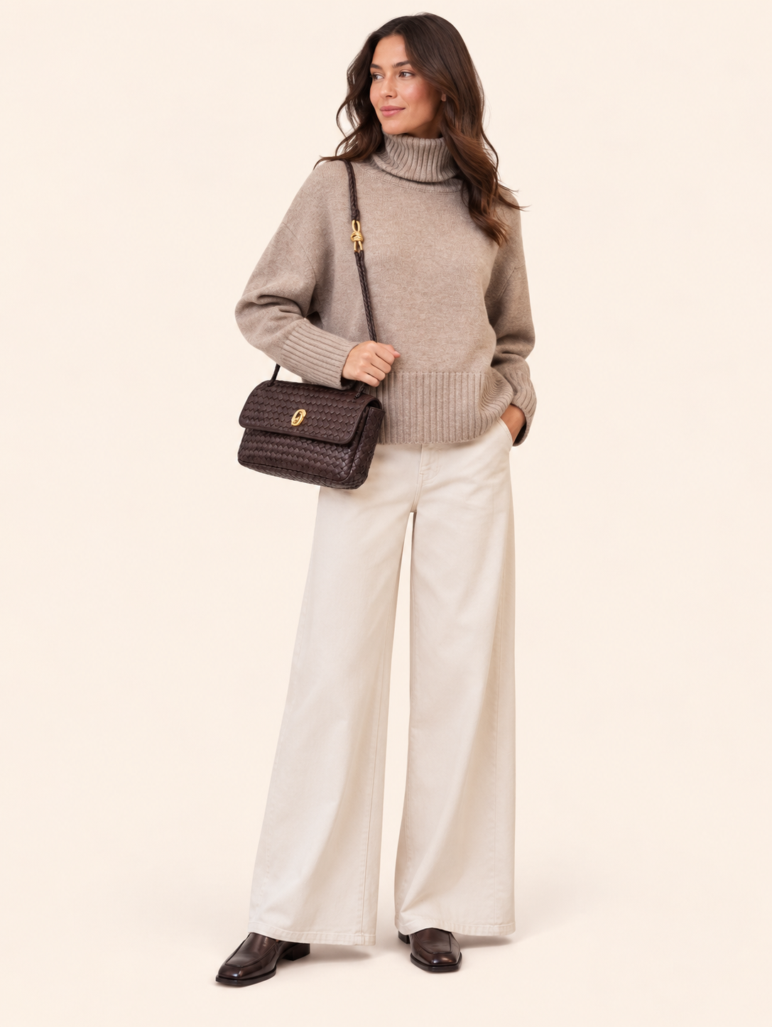 Brown Woven Leather Shoulder Bag With Gold Hardware