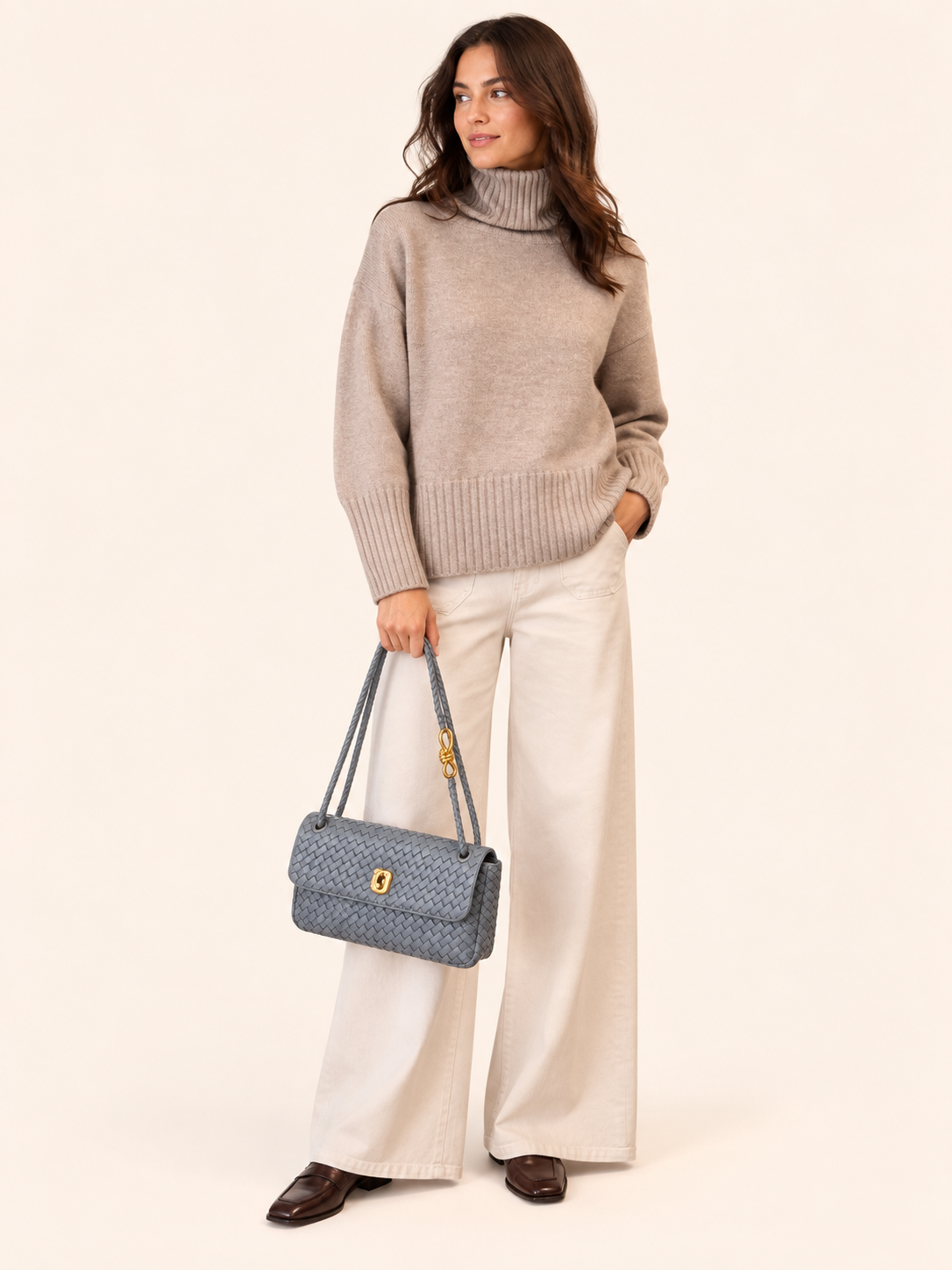 Grey Woven Leather Shoulder Bag With Gold Hardware