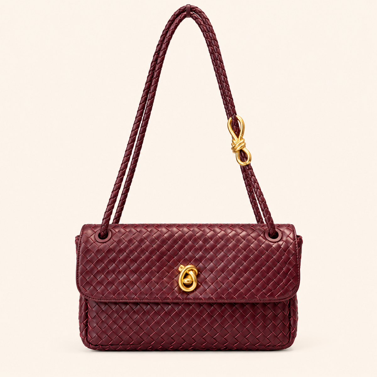 Burgundy Woven Leather Shoulder Bag With Gold Hardware