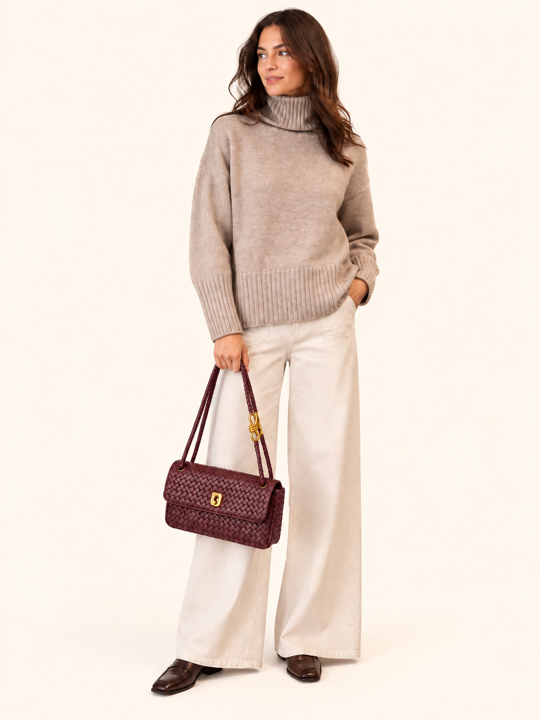 Burgundy Woven Leather Shoulder Bag With Gold Hardware