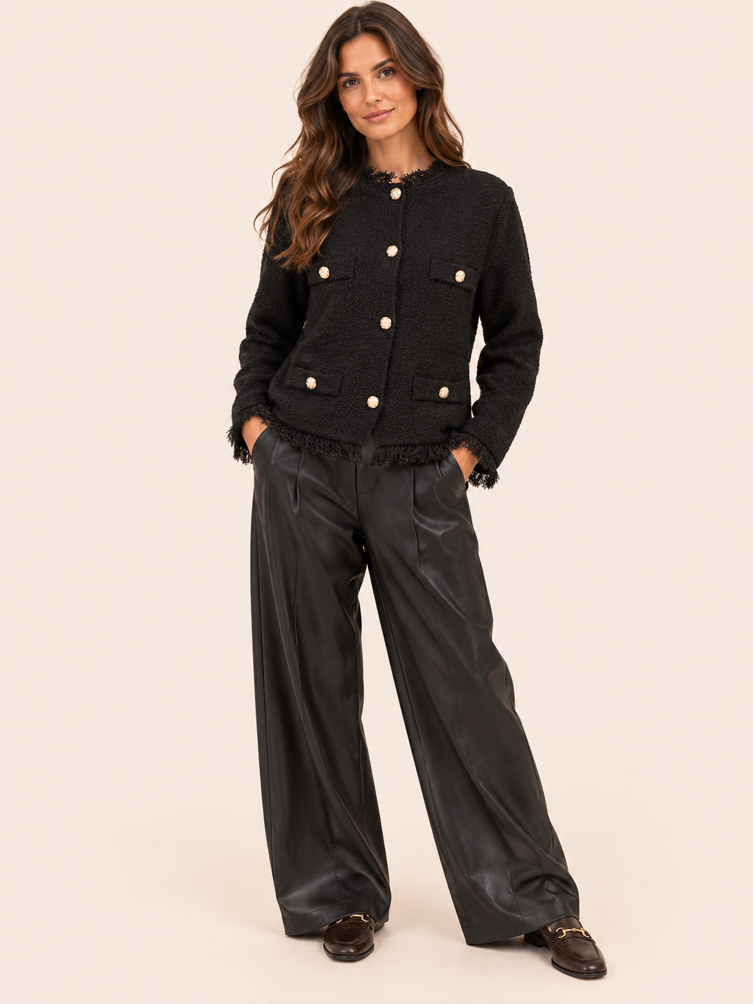 Black Lightweight Relaxed Fit Boucle Jacket With Gold Buttons & Fringe Detail