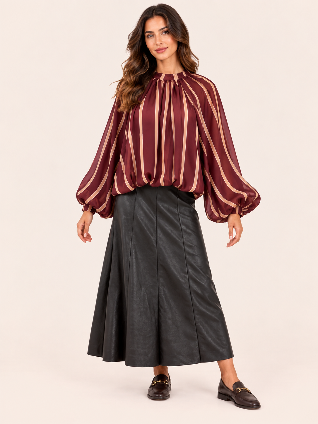 Relaxed Fit Burgundy Striped Balloon Sleeve Blouse With Gathered Neckline