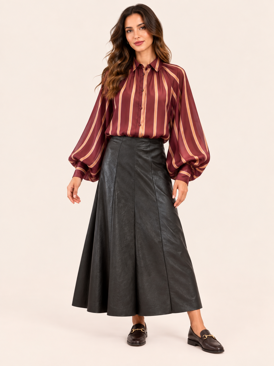 Relaxed Fit Burgundy Striped Sheer Blouse With Balloon Sleeves