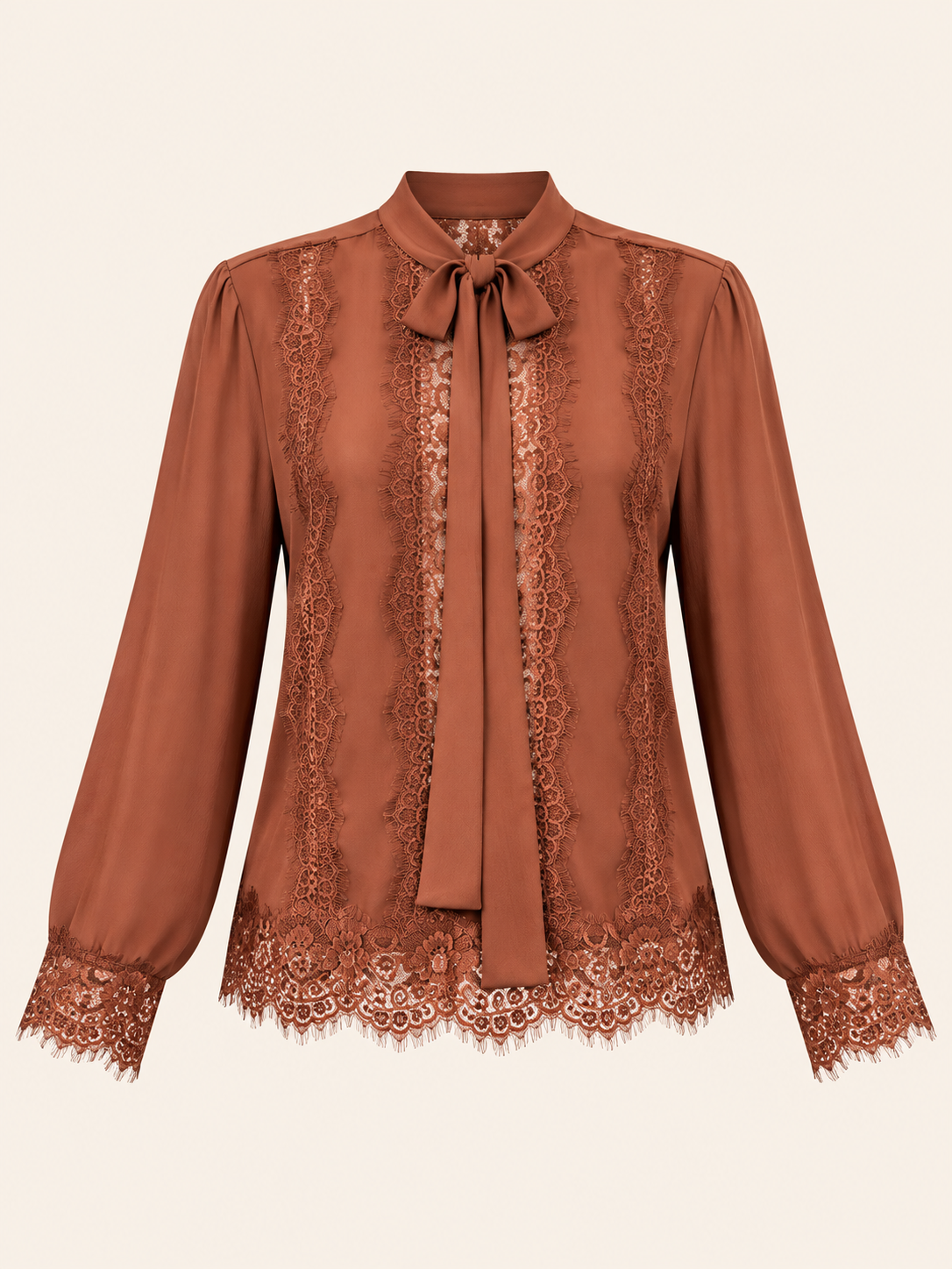 Relaxed Fit Rust Lace Blouse With Bow Neck & Sheer Details