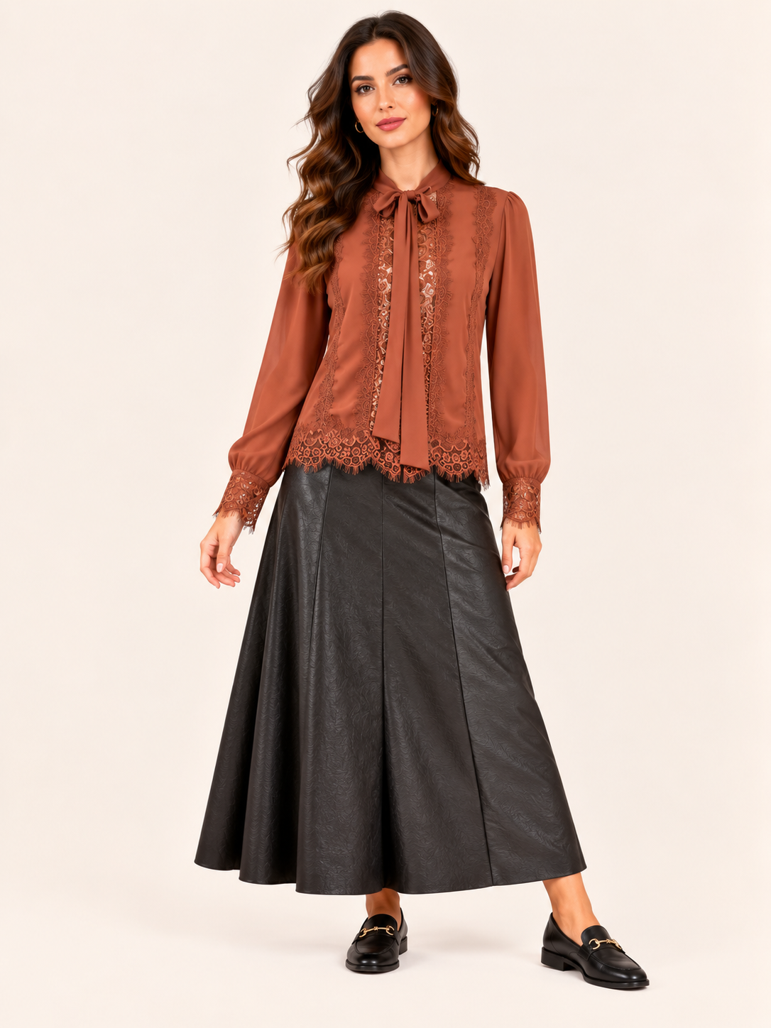 Relaxed Fit Rust Lace Blouse With Bow Neck & Sheer Details