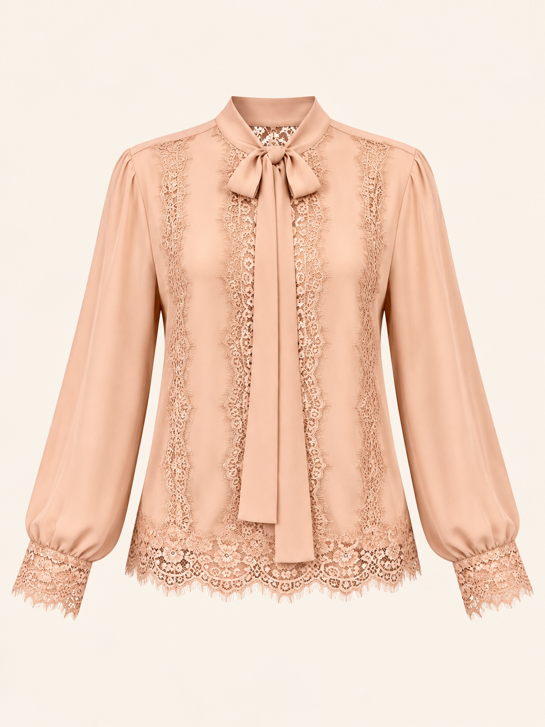Relaxed Fit Blush Pink Lace Blouse With Bow Neck & Sheer Details