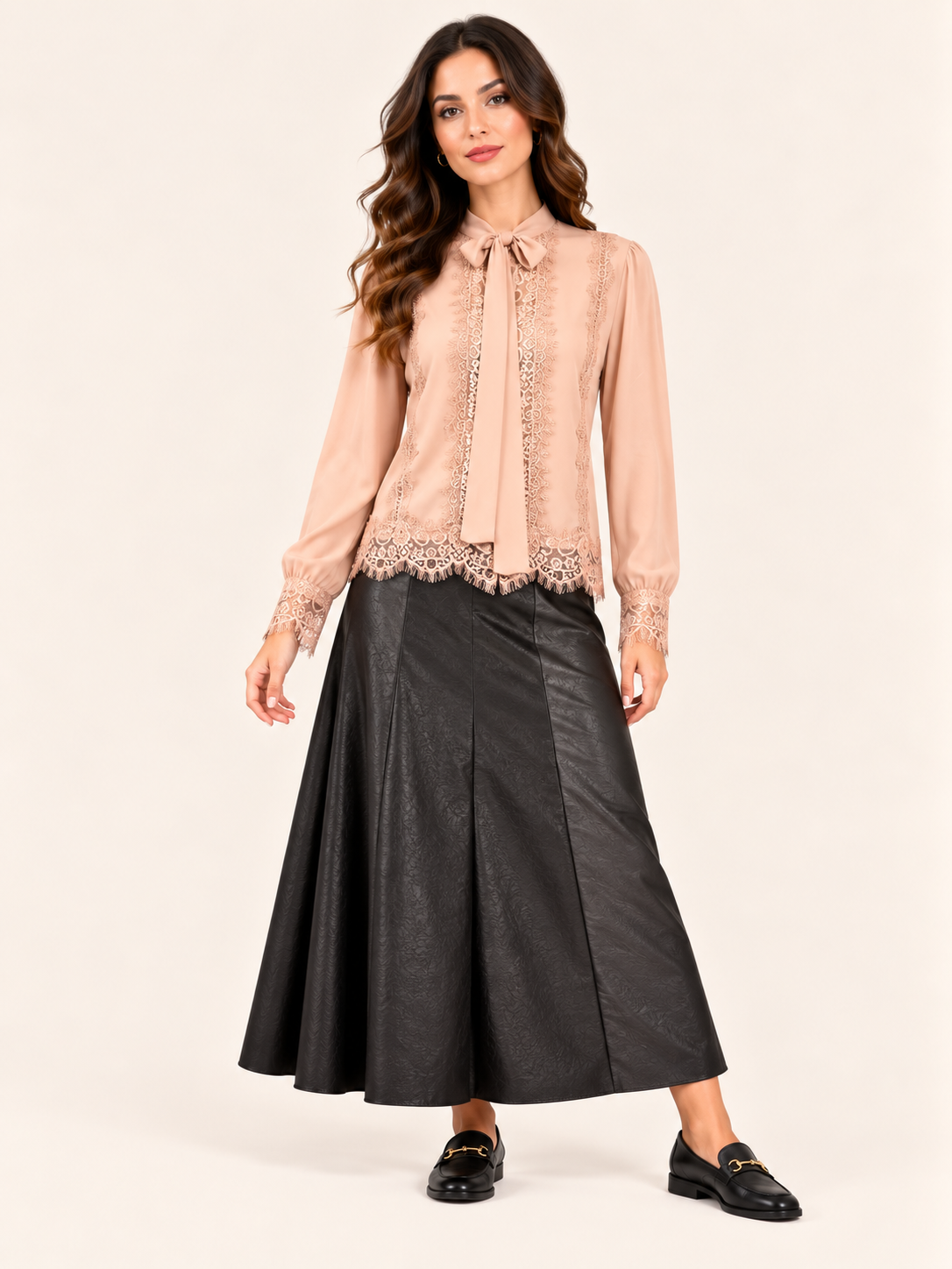 Relaxed Fit Blush Pink Lace Blouse With Bow Neck & Sheer Details