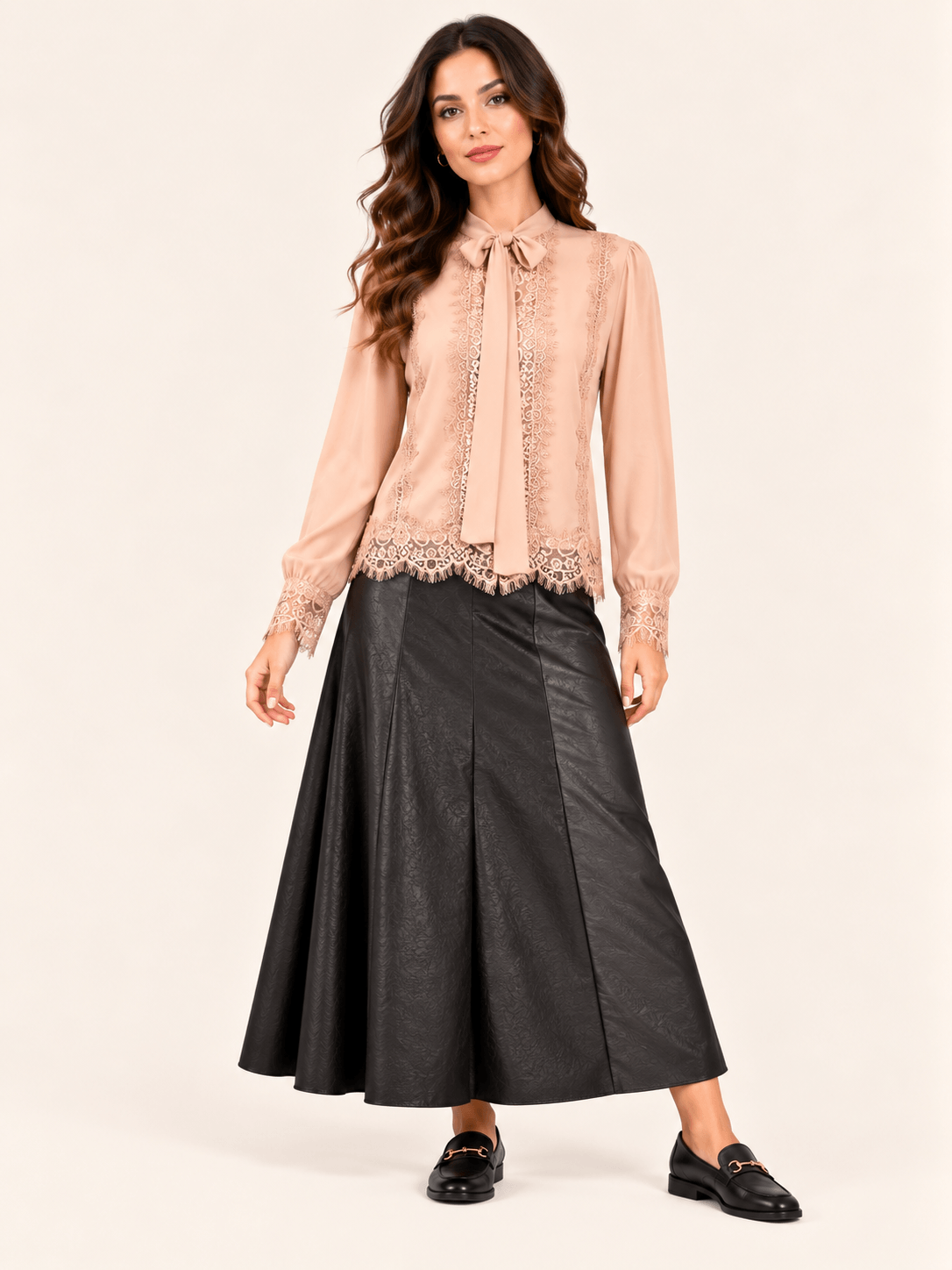 Relaxed Fit Blush Pink Lace Blouse With Bow Neck & Sheer Details