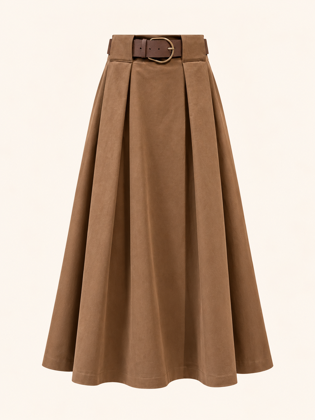 Camel Brown Pleated Maxi Skirt With Belt