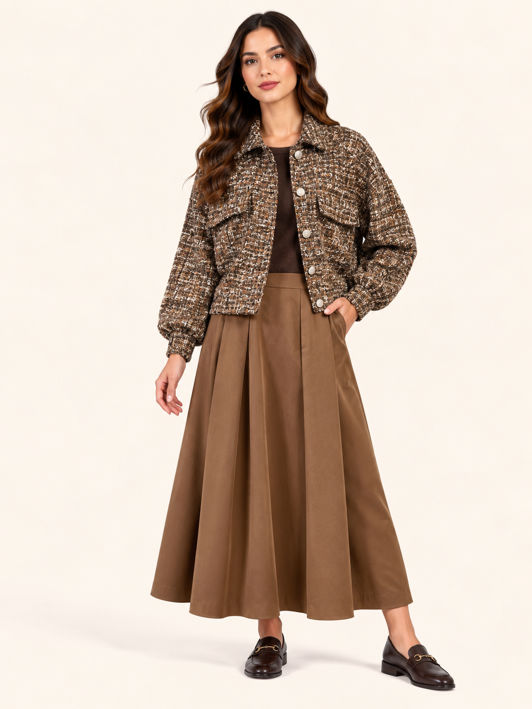 Relaxed Fit Brown Boucle Tweed Bomber Jacket With Gold Buttons