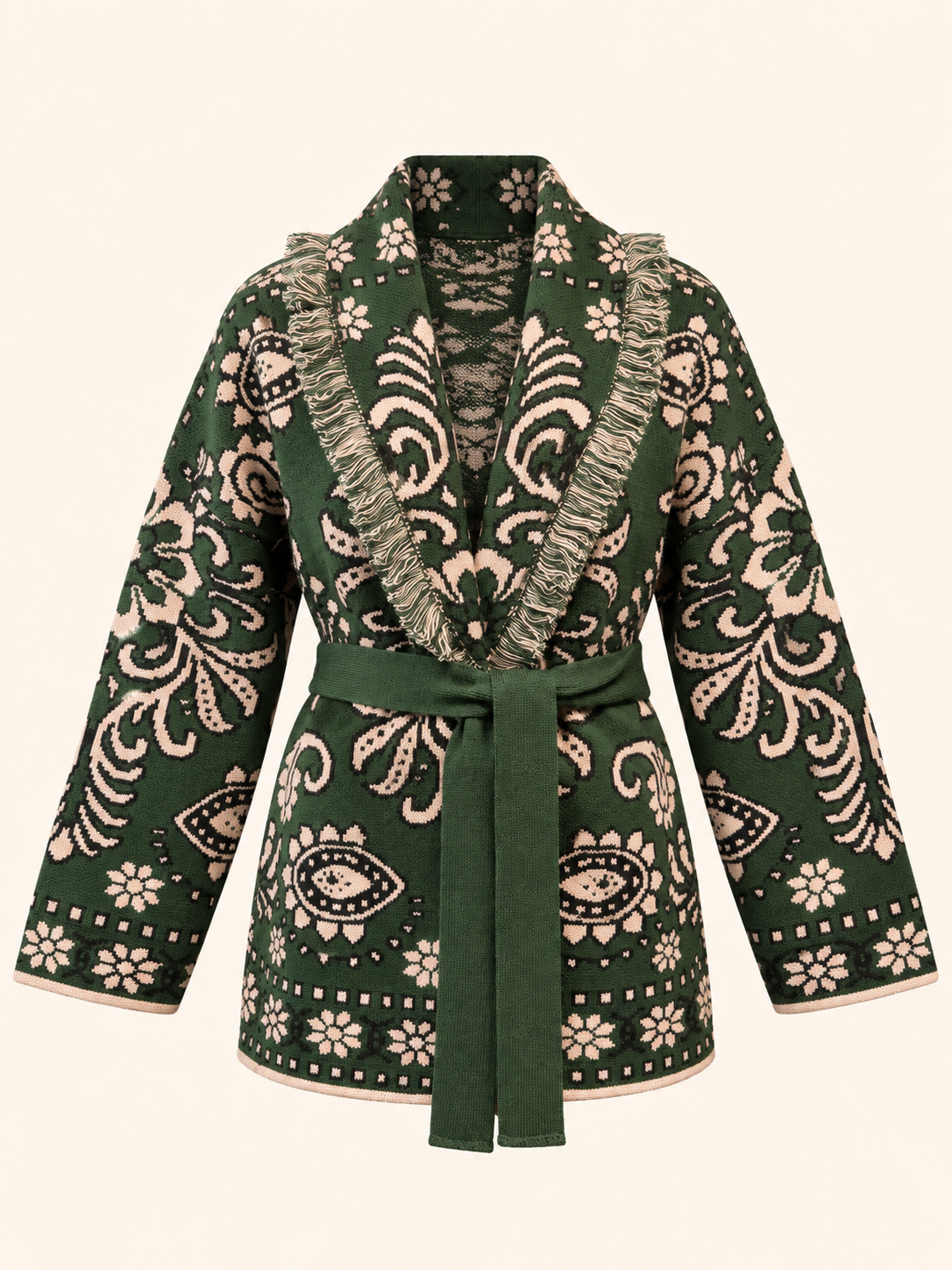 Relaxed Fit Green Jacquard Knit Cardigan With Belt & Fringe Trim