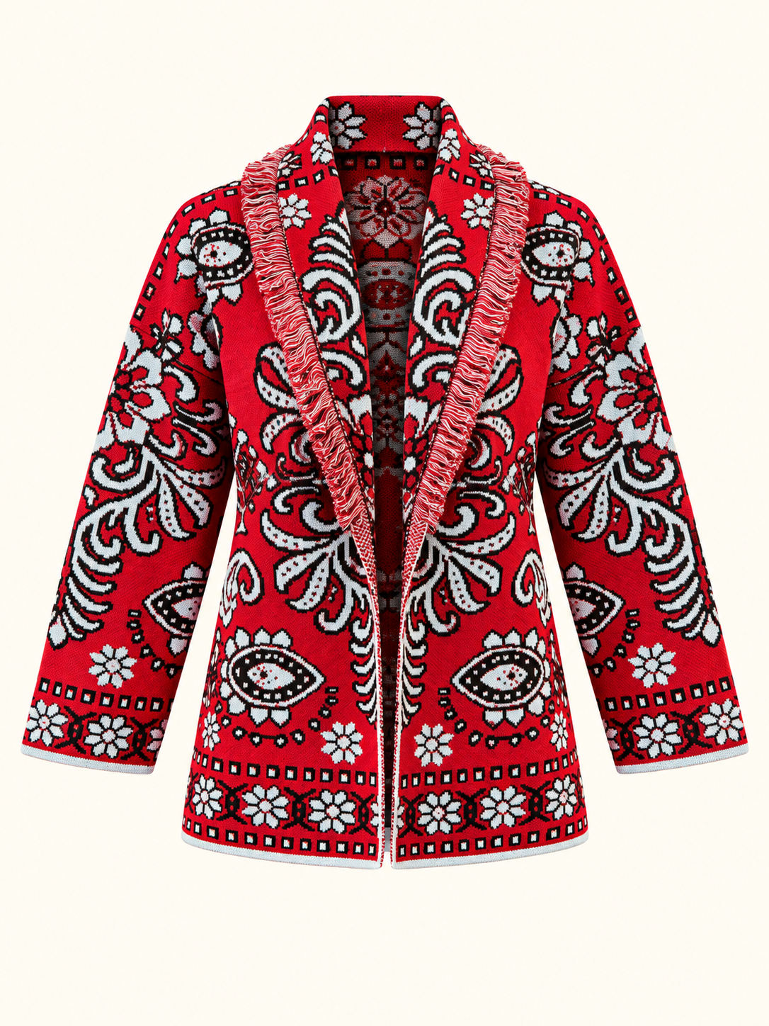 Relaxed Fit Red Jacquard Knit Cardigan With Belt & Fringe Trim