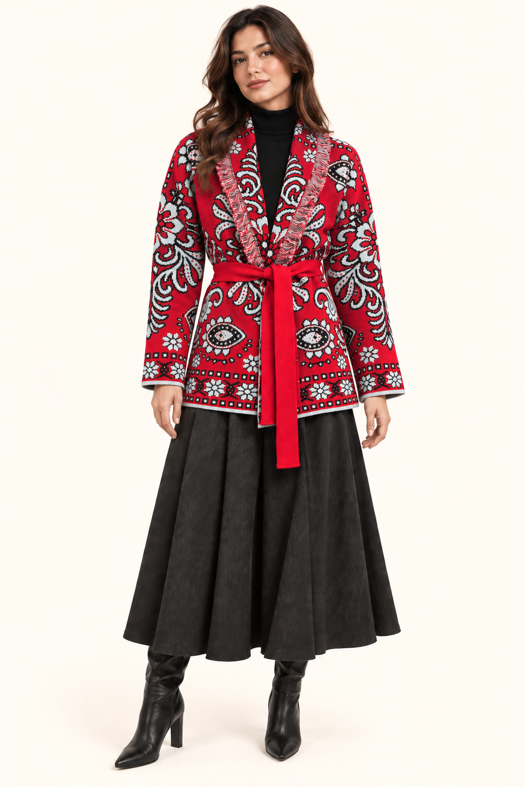 Relaxed Fit Red Jacquard Knit Cardigan With Belt & Fringe Trim