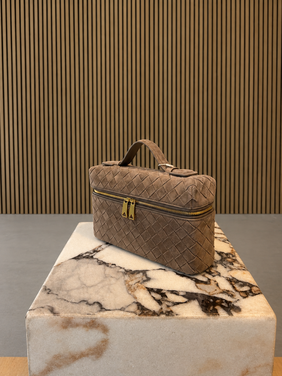 Taupe Woven Suede Vanity Bag With Top Handle