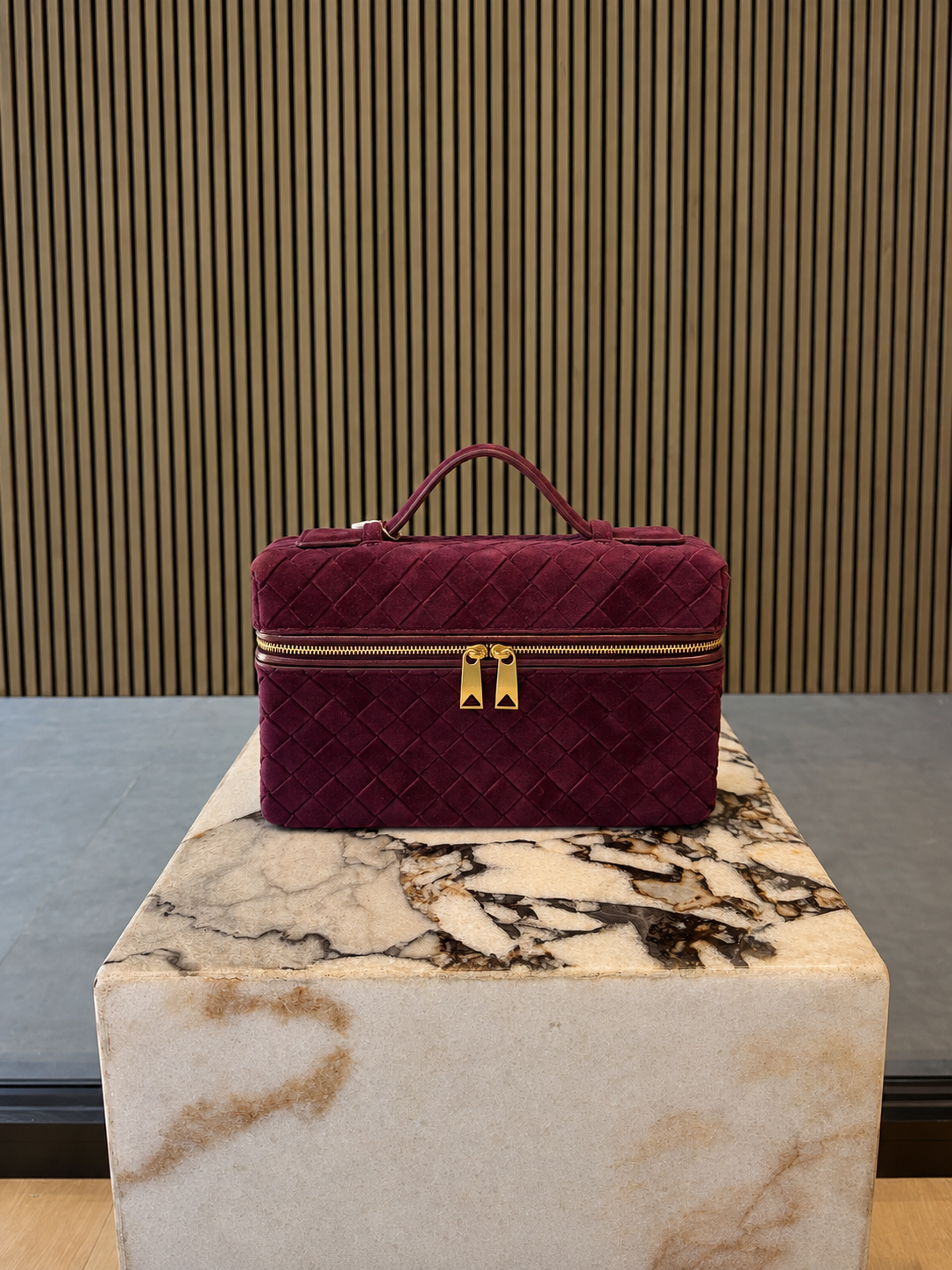 Burgundy Woven Suede Vanity Bag With Top Handle