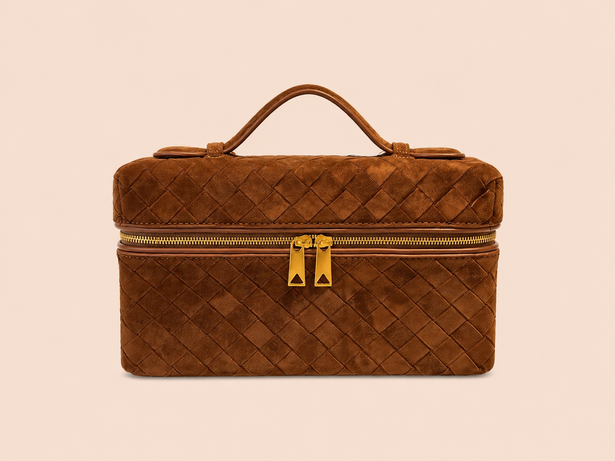 Cognac Woven Suede Vanity Bag With Top Handle