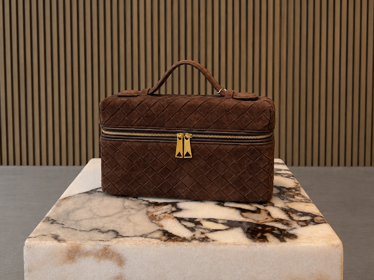 Chocolate Brown Woven Suede Vanity Bag With Top Handle