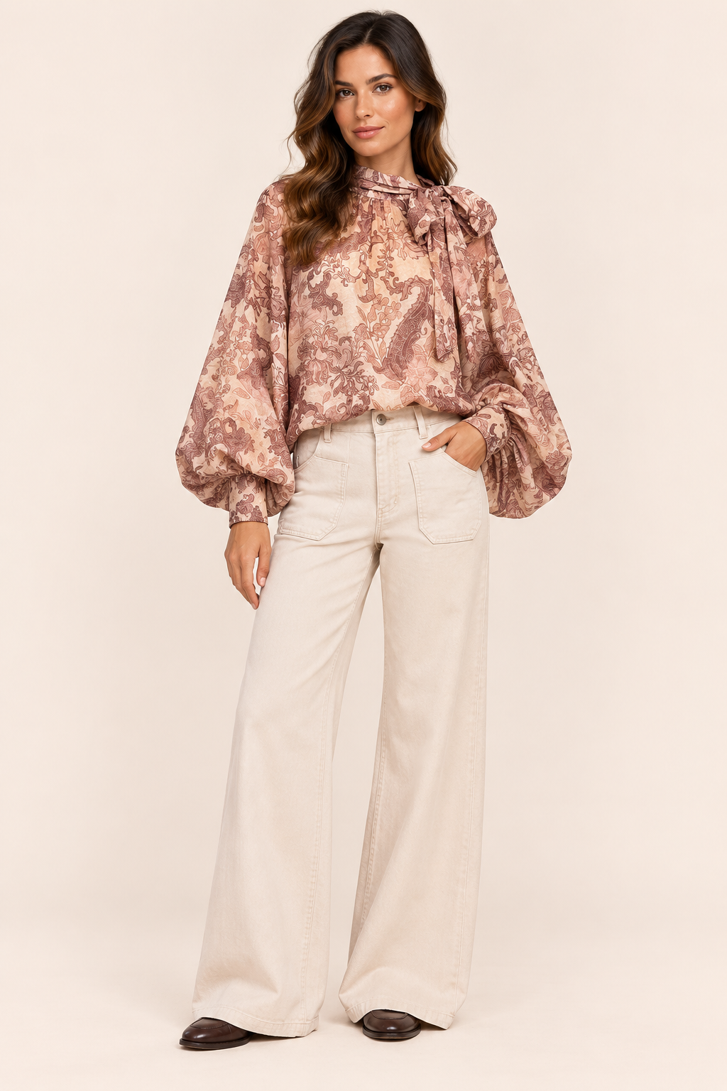 Relaxed Fit Paisley Bow Neck Blouse With Balloon Sleeves