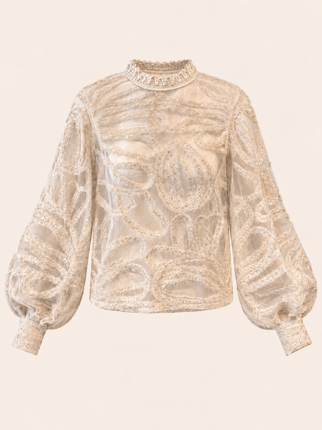 Ivory Sheer Embroidered Sequin Blouse With Balloon Sleeves