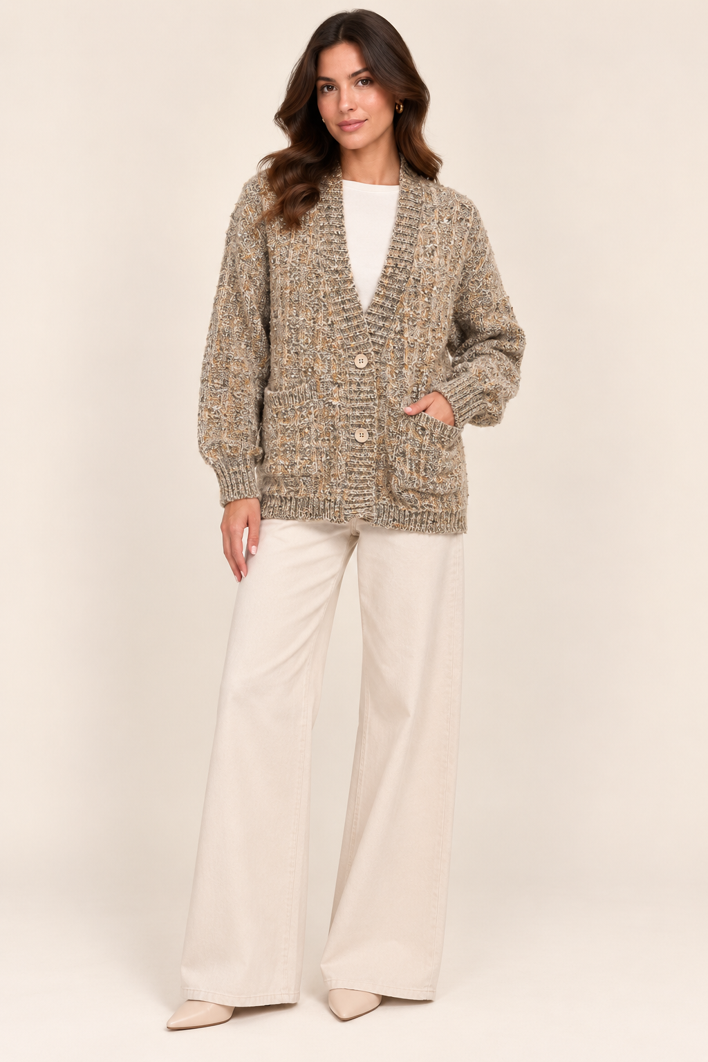 Relaxed Fit Textured Melange Knit Cardigan With Pockets - Taupe & Beige