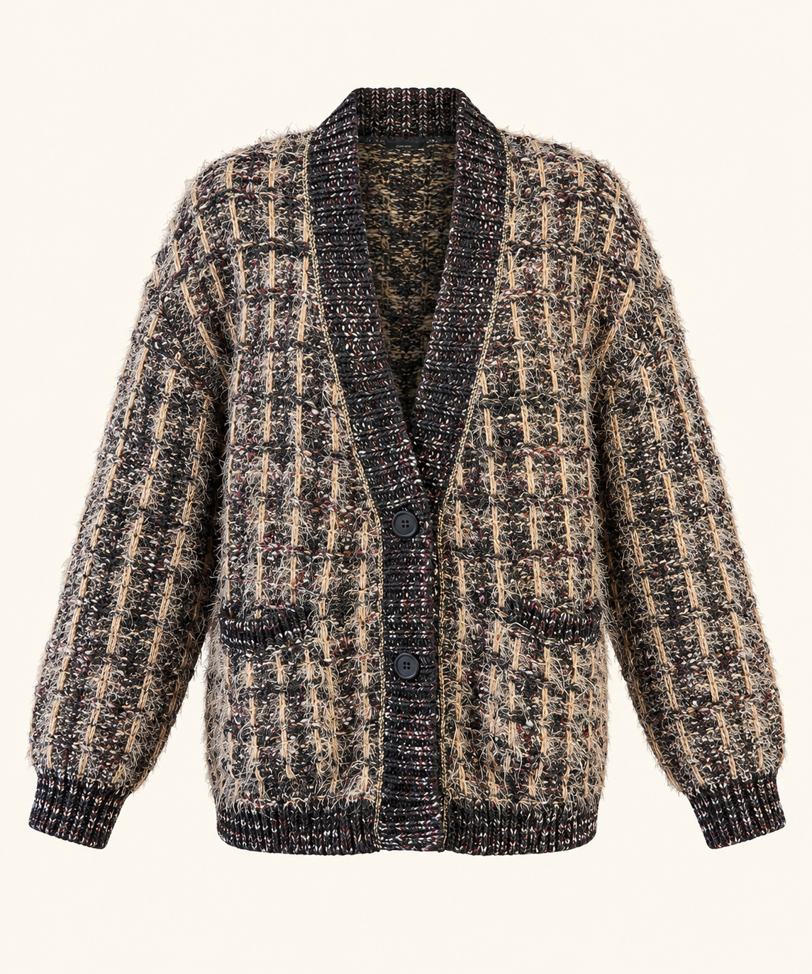 Relaxed Fit Women's Brown & Beige Textured Knit Cardigan With Pockets