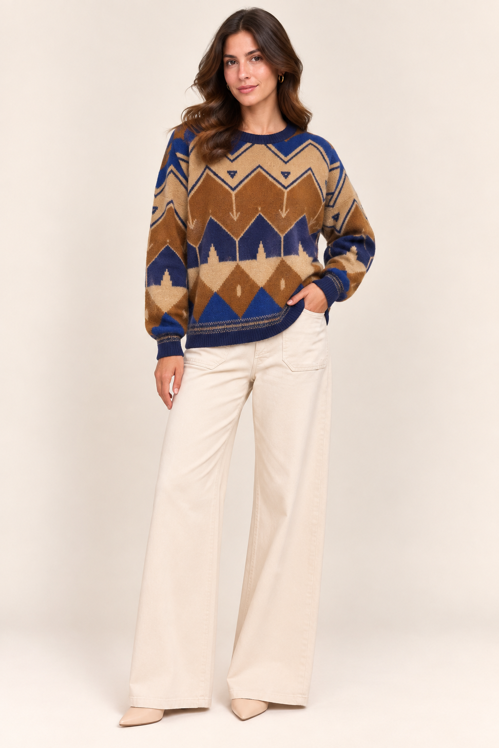 Women's Geometric Jacquard Knit Sweater - Navy, Camel & Beige