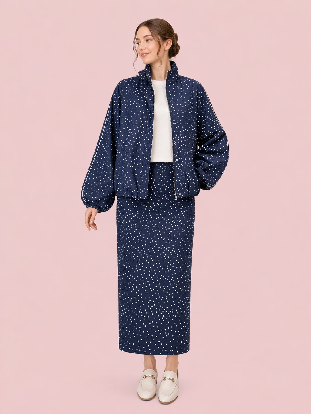 Navy Polka Dot Midi Skirt - Elegant High-Waisted Pencil Skirt
