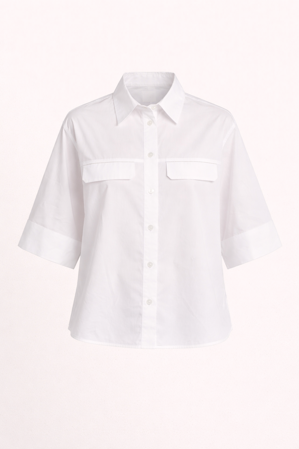 White Cotton Button-Up Shirt with Monili - Relaxed Fit Short Sleeve Blouse