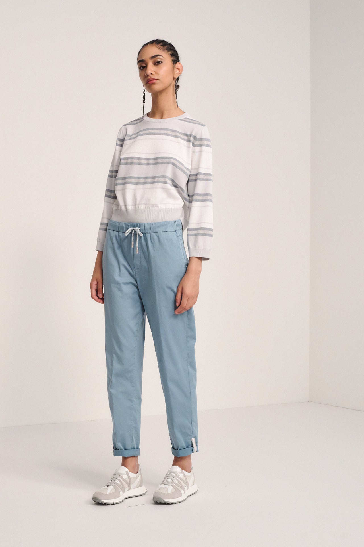 Light Blue Cotton Trousers - Relaxed Fit Drawstring Pants