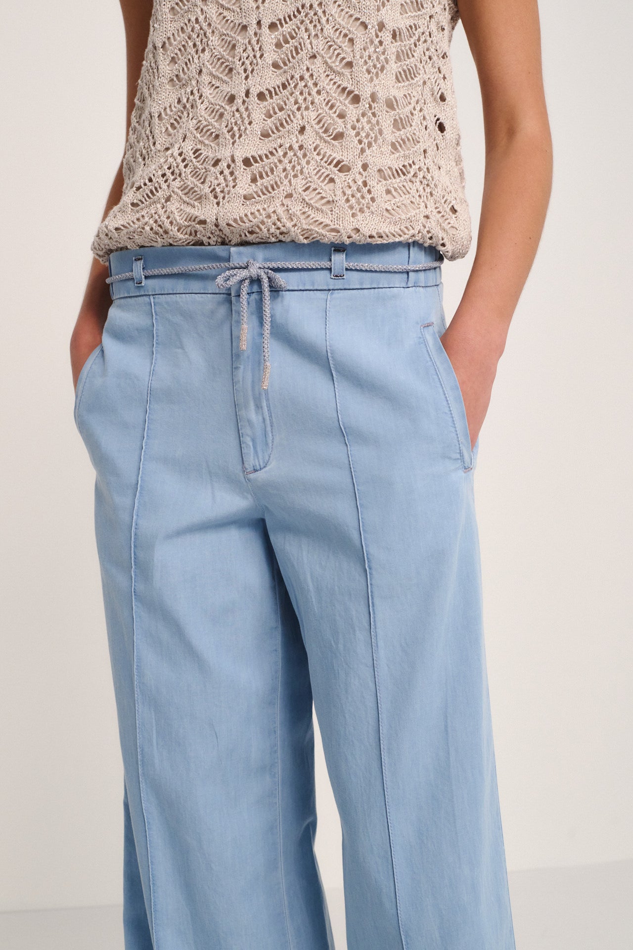 Light Blue Wide-Leg Trousers with Drawstring Waist - Relaxed Fit Pants