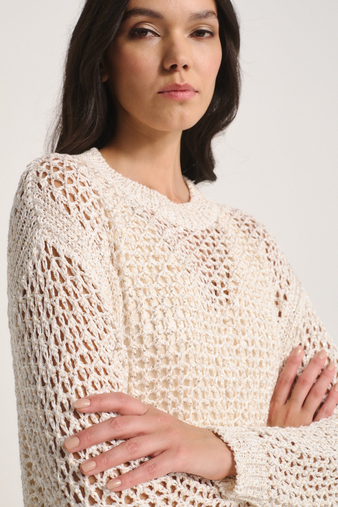 Relaxed Fit Cream Open Knit Sequin Sweater – Lightweight Crochet Knit Pullover