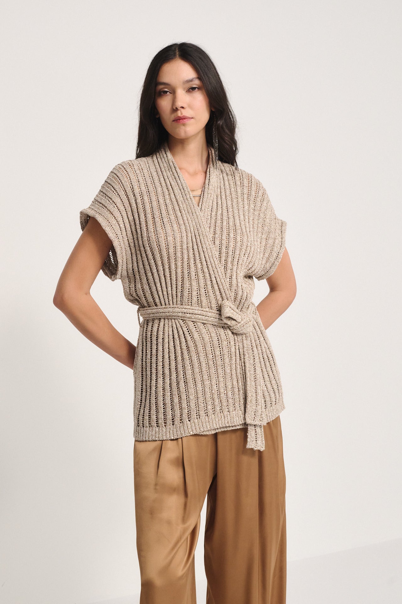 Beige Ribbed Knit Wrap Cardigan with Subtle Sequins - Belted Luxe Knit