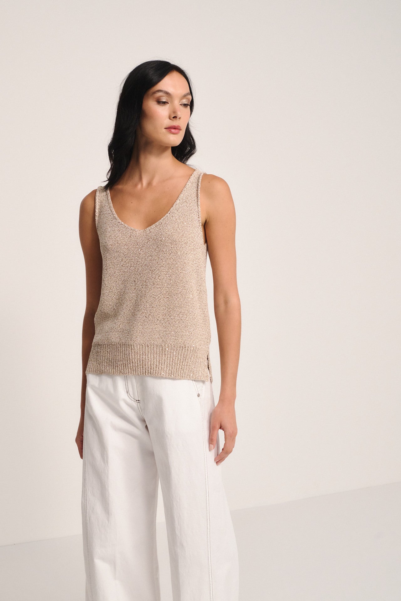 Beige Knit Camisole with Subtle Sequins - Lightweight Luxe Tank Top