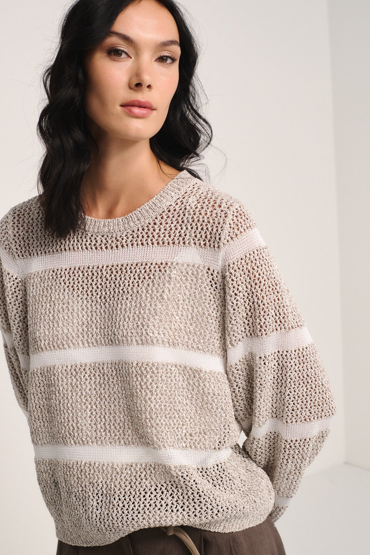 Relaxed Fit Beige Open-Knit Sequin Sweater - Lightweight Luxe Knit Top