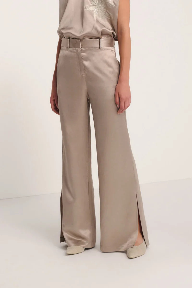 Champagne Satin Wide-Leg Trousers with Side Slit