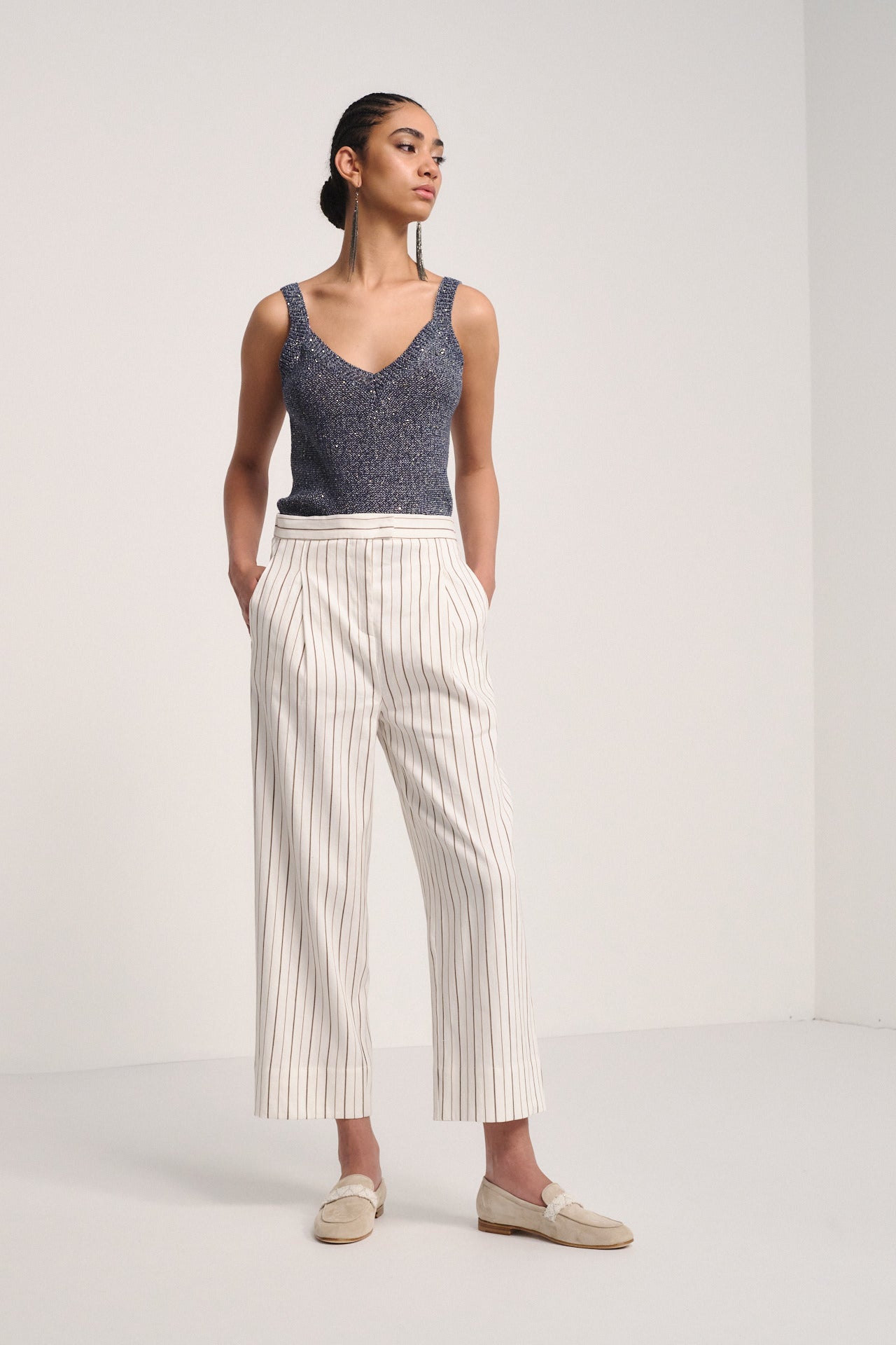 Ivory Pinstripe Tailored Trousers – Elegant Straight-Leg Pants